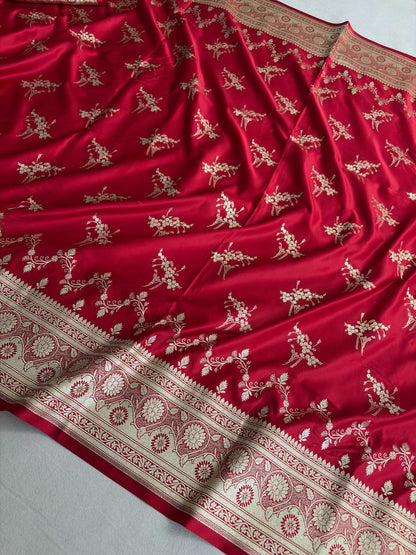 Red Soft Kataan Silk Banarasi Saree Light Gold Work