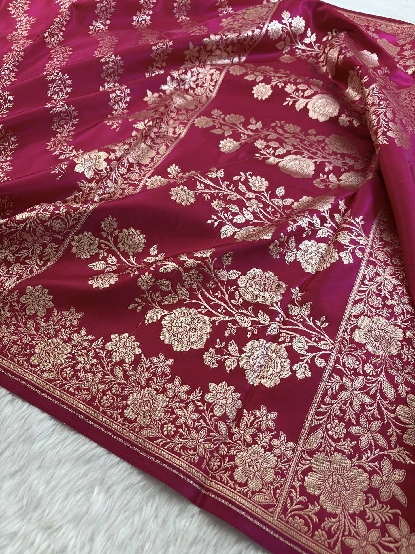 Laheriya Jaal Satin Silk Banarasi Saree Rani Pink Shades