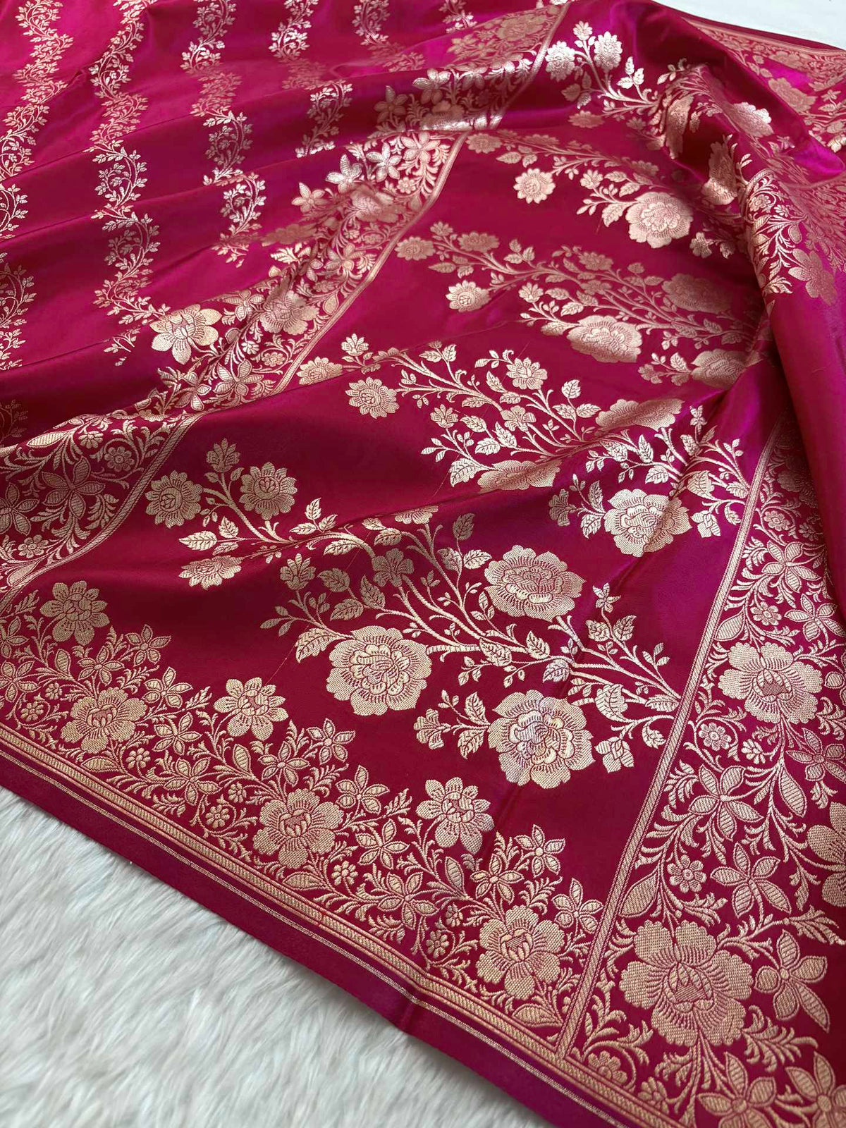 Laheriya Jaal Satin Silk Banarasi Saree Rani Pink Shades