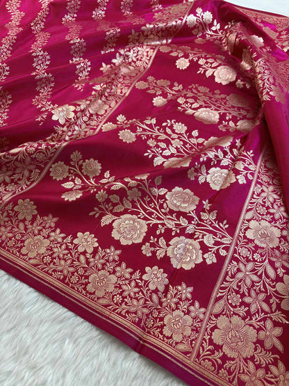 Laheriya Jaal Satin Silk Banarasi Saree Rani Pink Shades