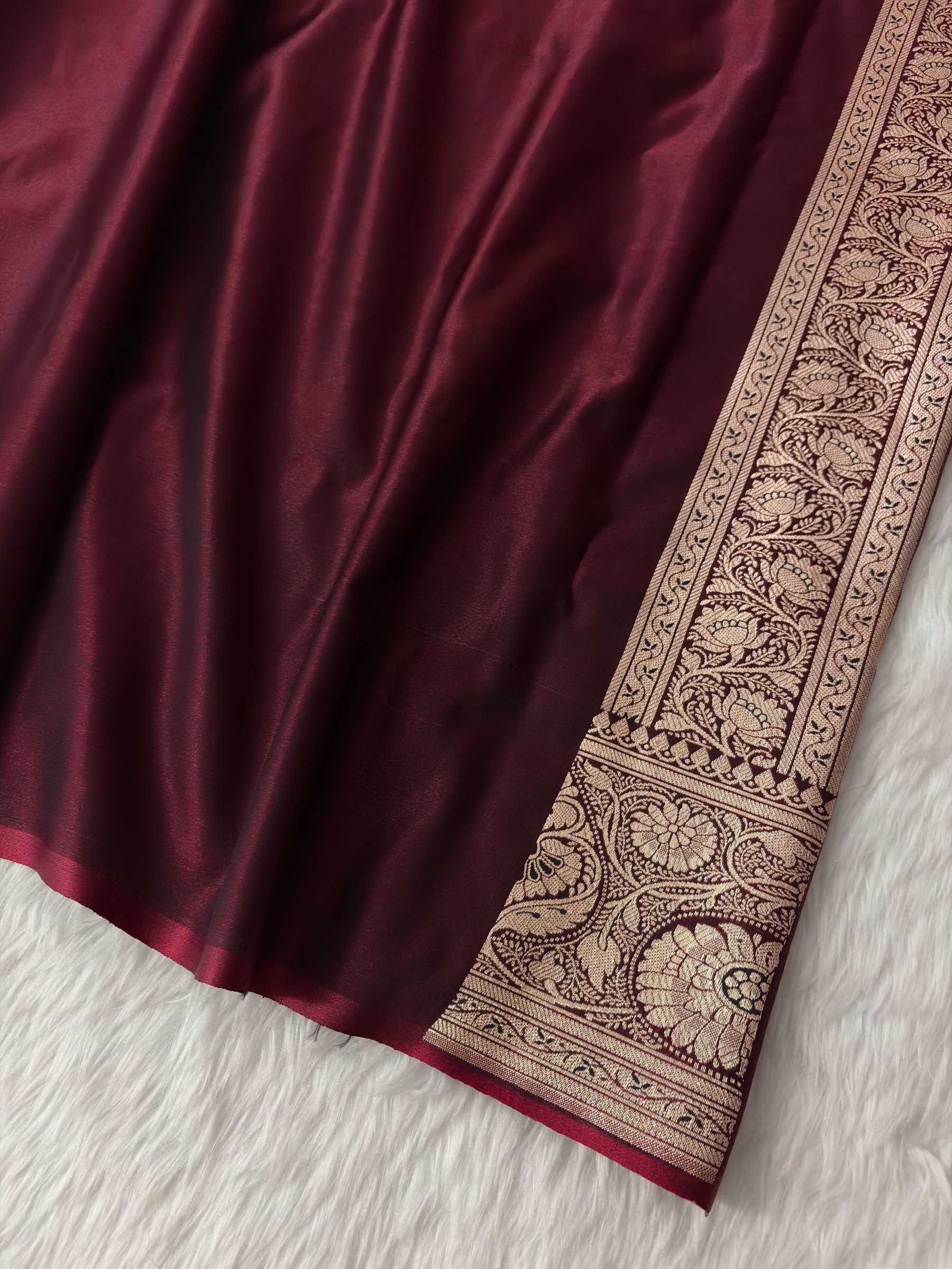 Dark Maroon Satin Silk Banarasi Fancy Motif Saree