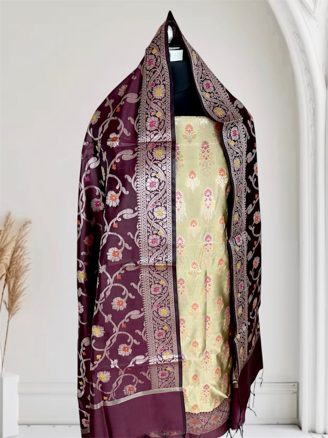 Brown and Lemon Yellow Satin Silk Banarasi Suit