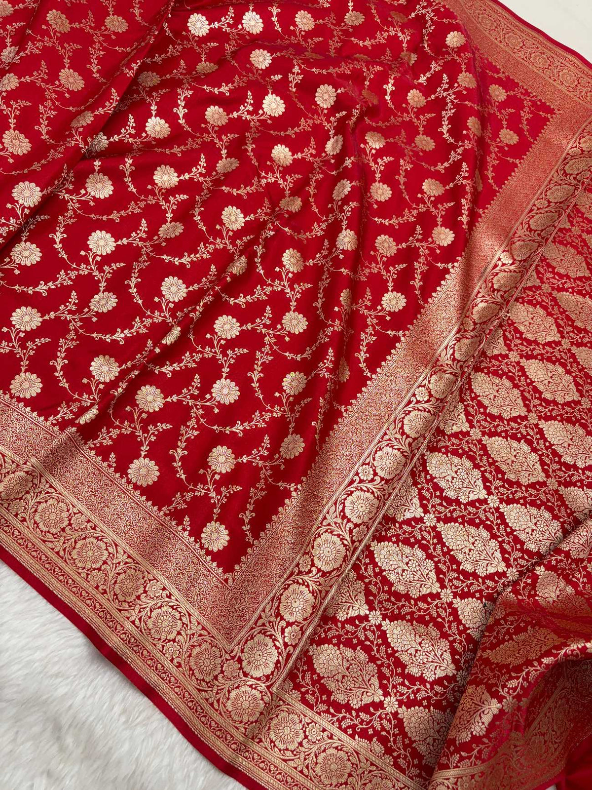 Red Satin Silk Banarasi Saree with Golden Zari Floral Bel Jaal