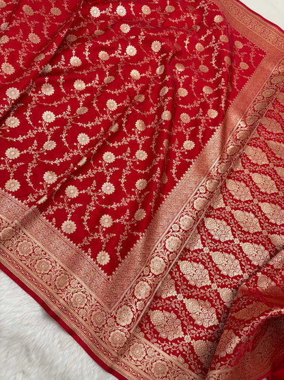 Red Satin Silk Banarasi Saree with Golden Zari Floral Bel Jaal