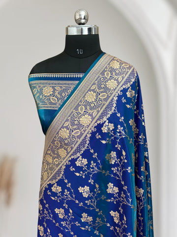 Blue with Green Shaded Dual Tone Satin Silk Banarasi Saree with Jaal Pattern