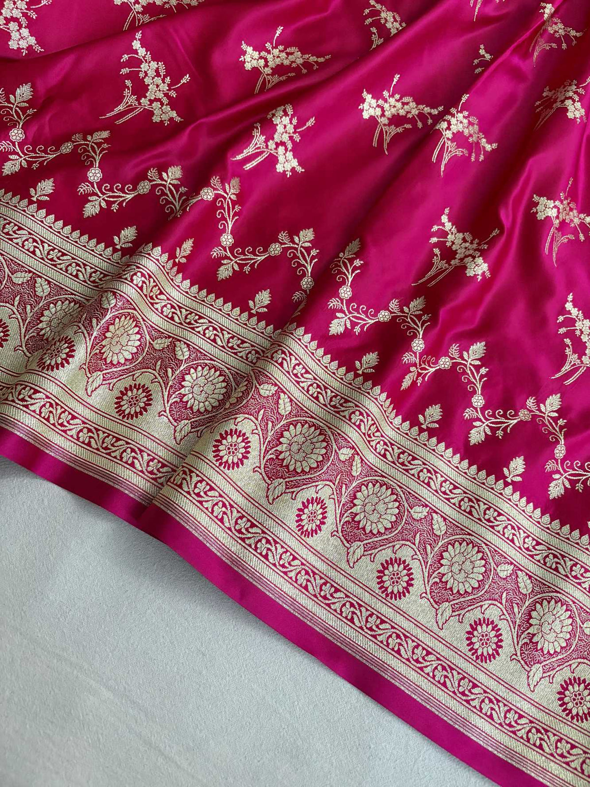 Rani Pink Soft Kataan Silk Banarasi Saree Light Gold Work