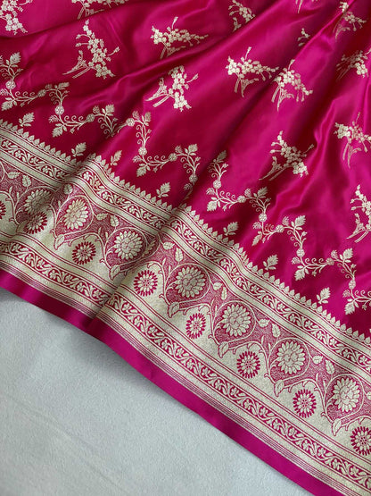 Rani Pink Soft Kataan Silk Banarasi Saree Light Gold Work