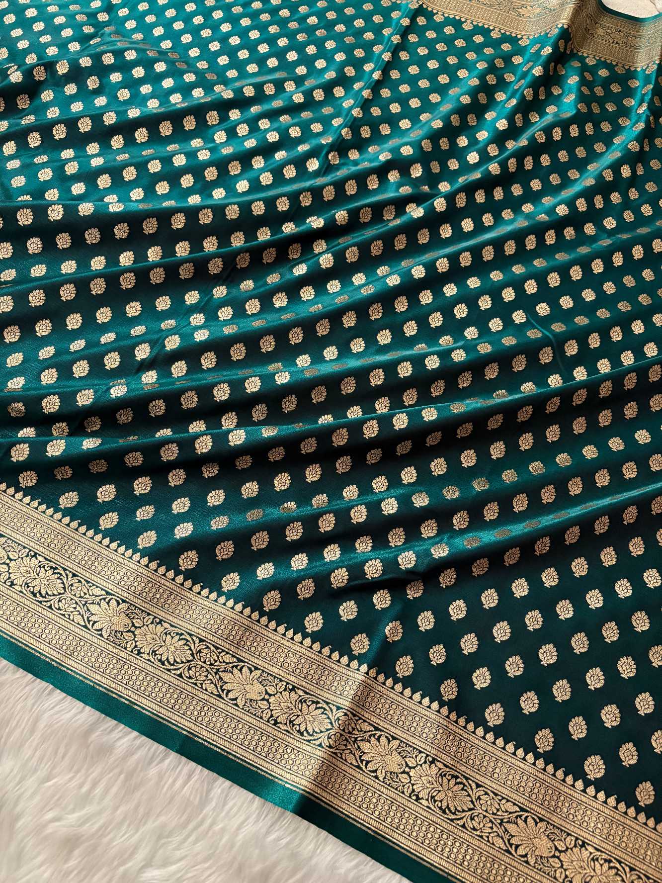Teal Green Satin Silk Banarasi Motif Saree