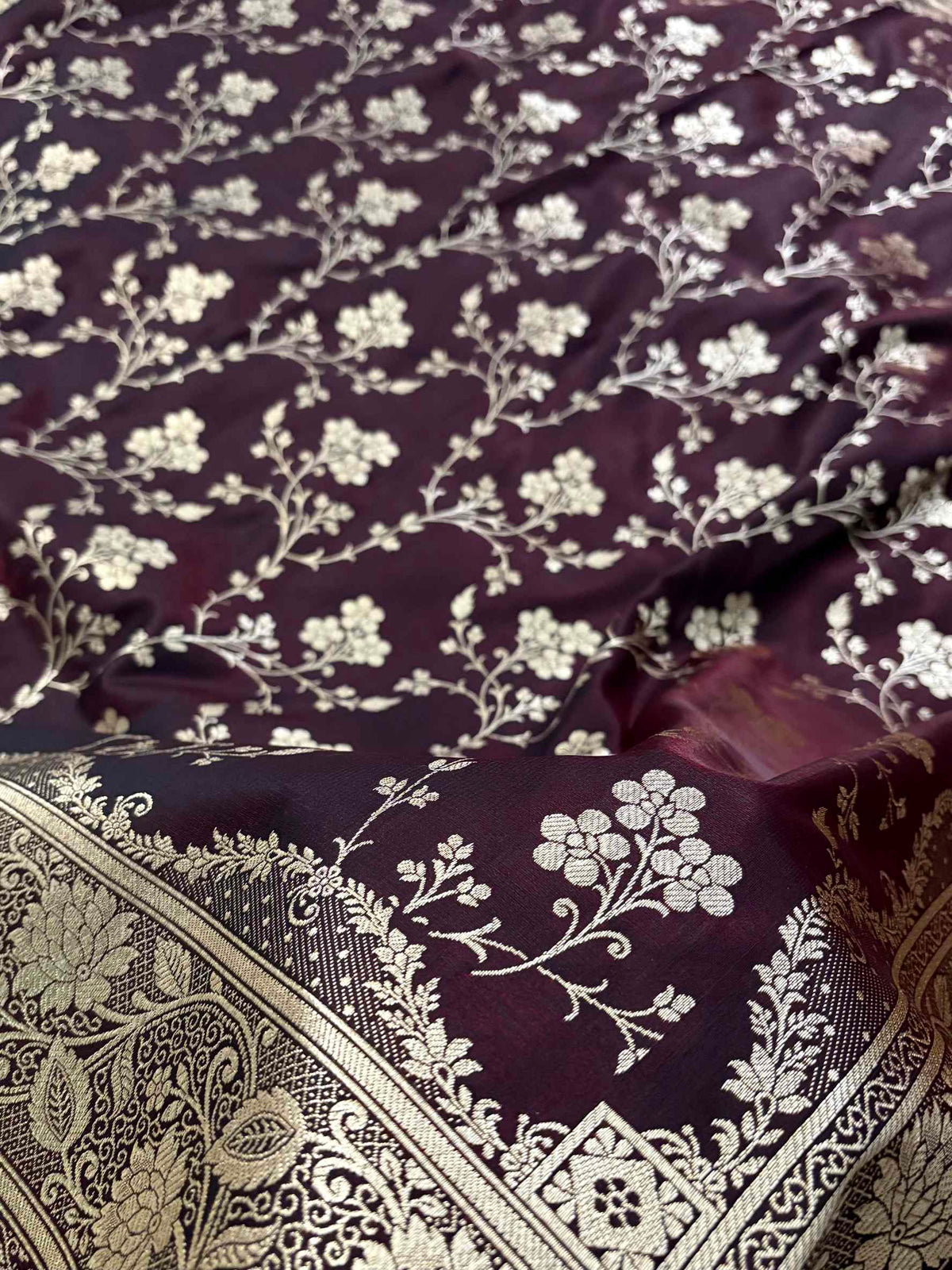 Dark Brown Satin Silk Banarasi Saree Floral Jaal
