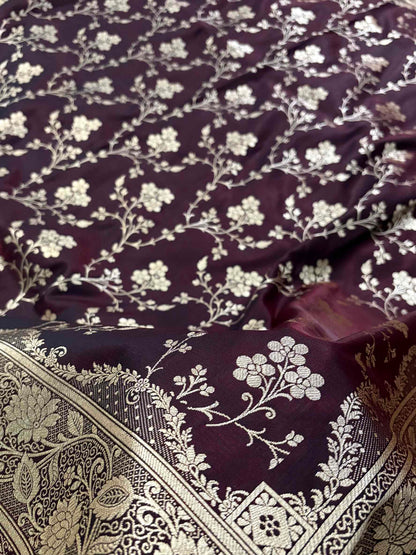 Dark Brown Satin Silk Banarasi Saree Floral Jaal