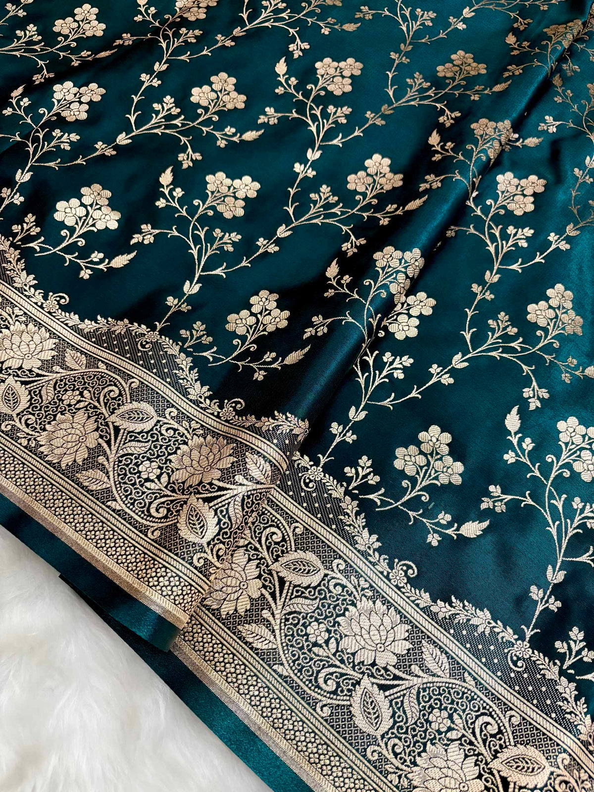 Teal Green Satin Silk Banarasi Saree in Jaal Pattern - Zohra Silk