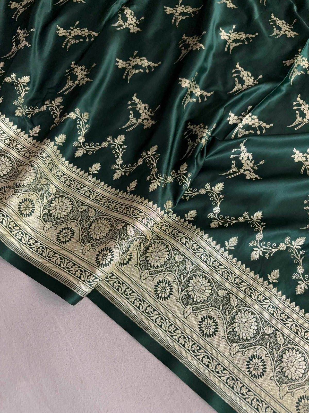 Deep Bottle Green Soft Kataan Silk Banarasi Saree Light Gold Work