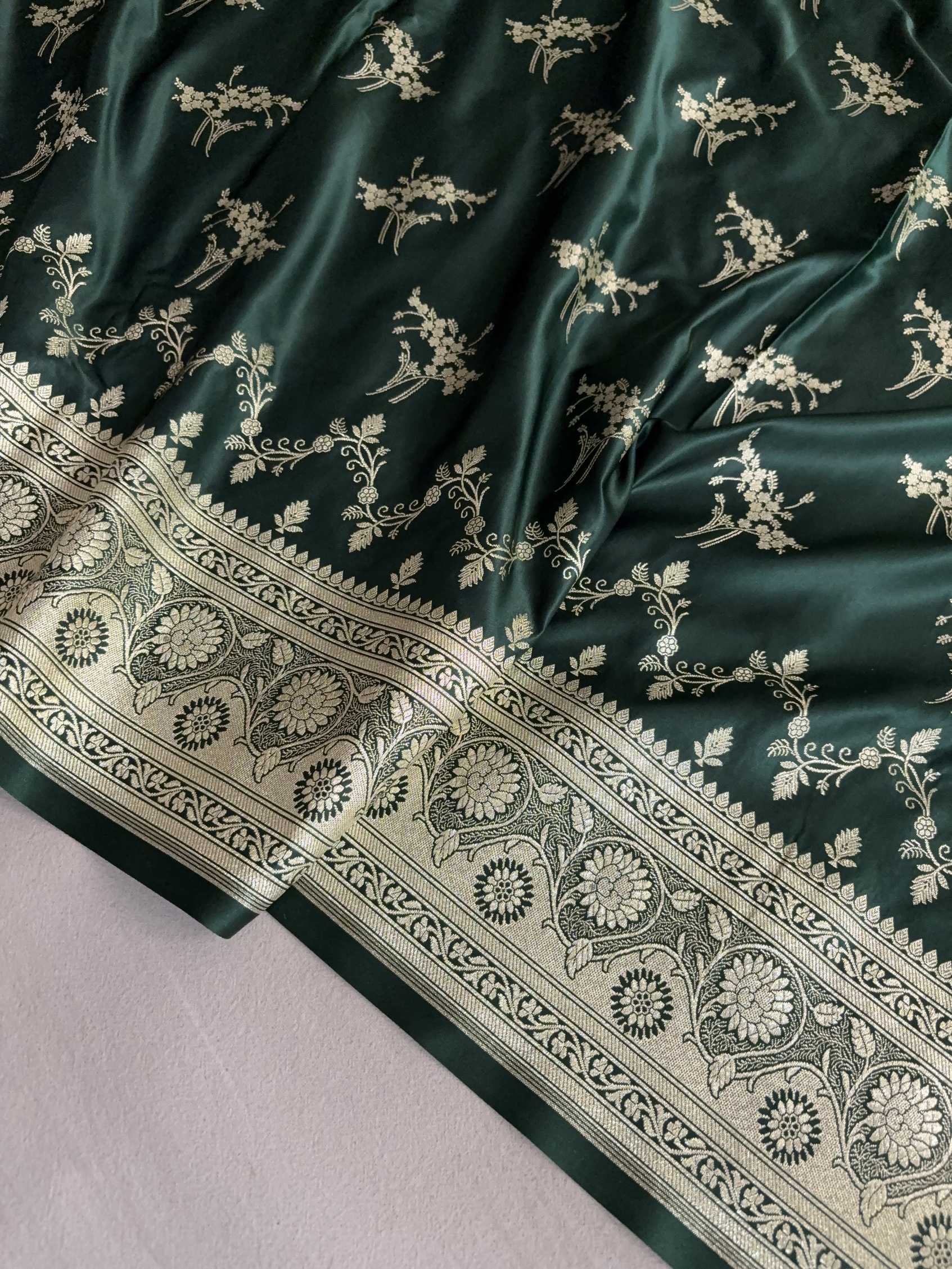 Deep Bottle Green Soft Kataan Silk Banarasi Saree Light Gold Work