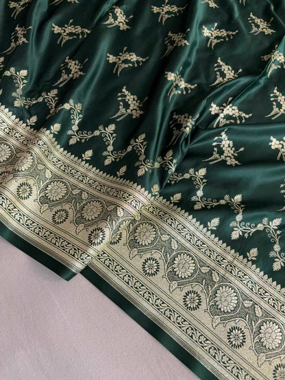 Deep Bottle Green Soft Kataan Silk Banarasi Saree Light Gold Work