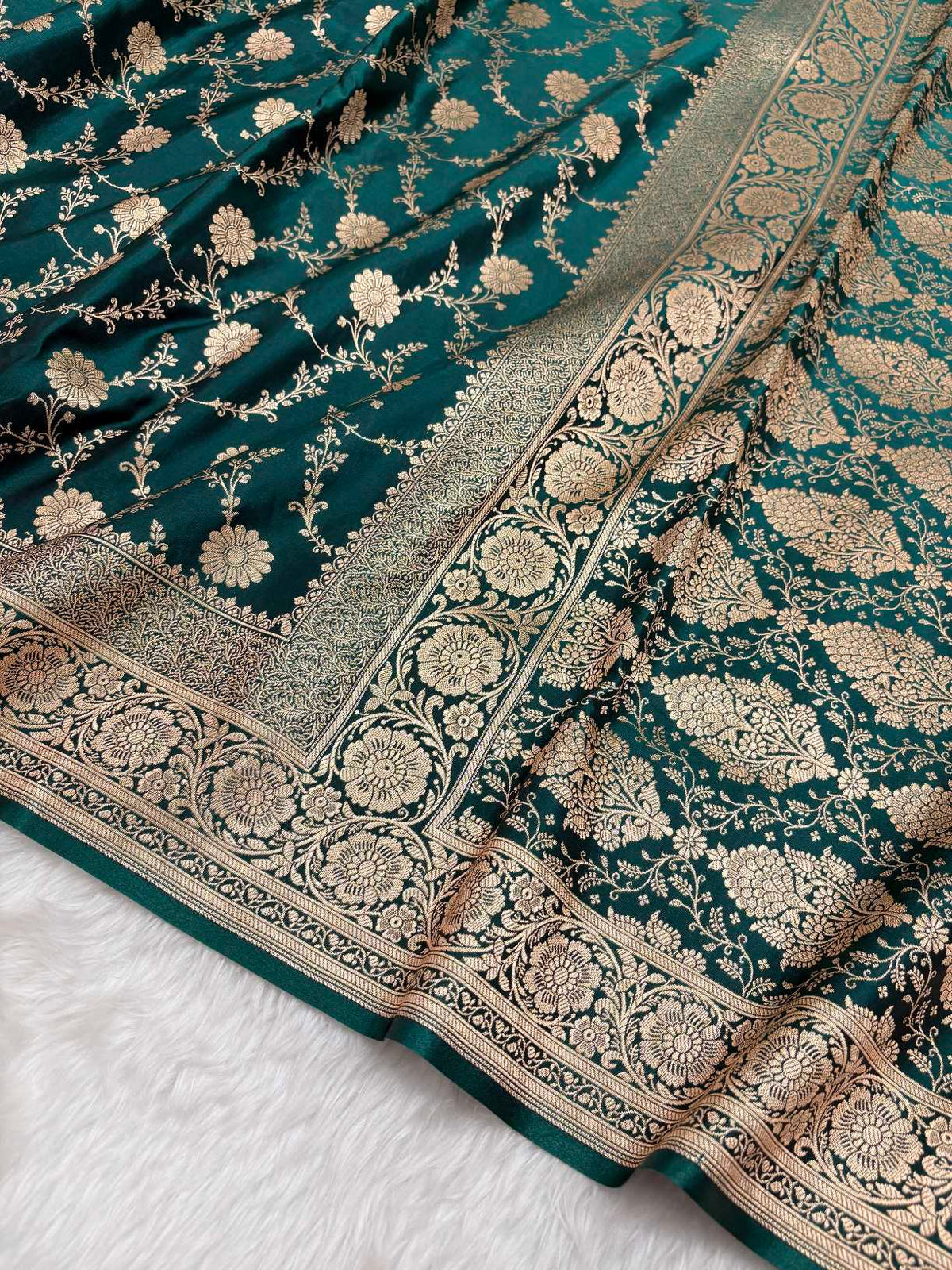 Teal Green Satin Silk Banarasi Saree with Golden Zari Floral Bel Jaal