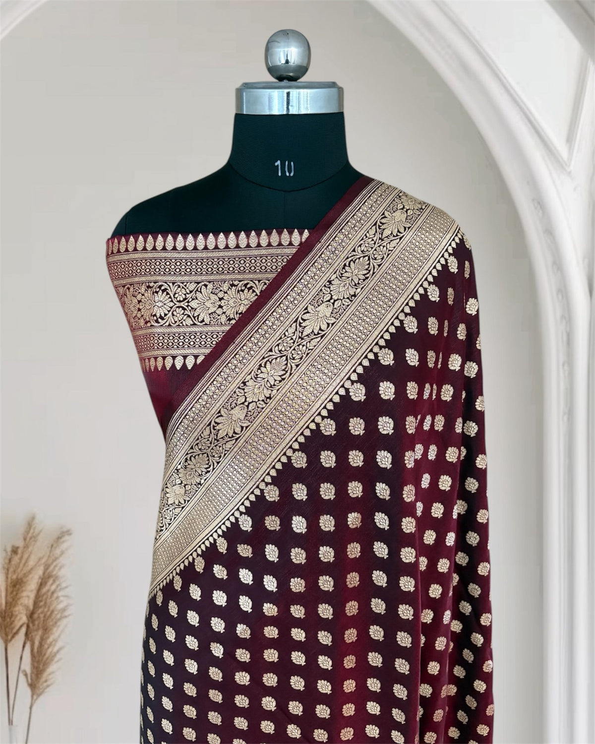 Dark Maroon Satin Silk Banarasi Motif Saree