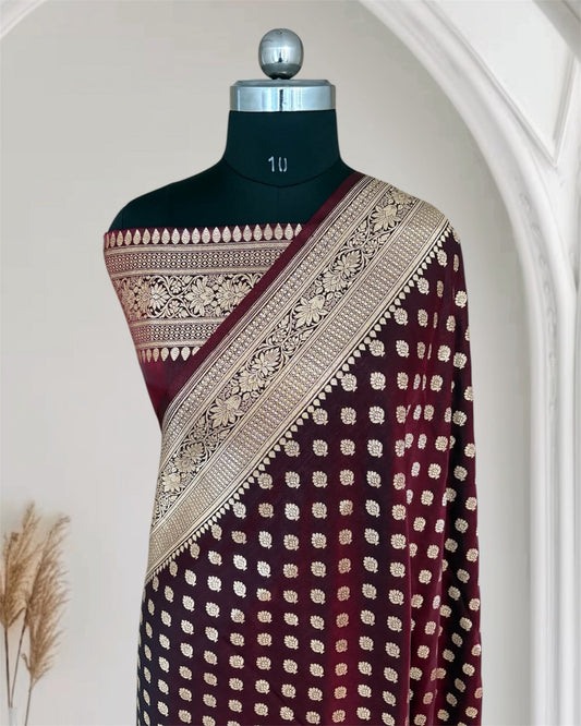 Dark Maroon Satin Silk Banarasi Motif Saree