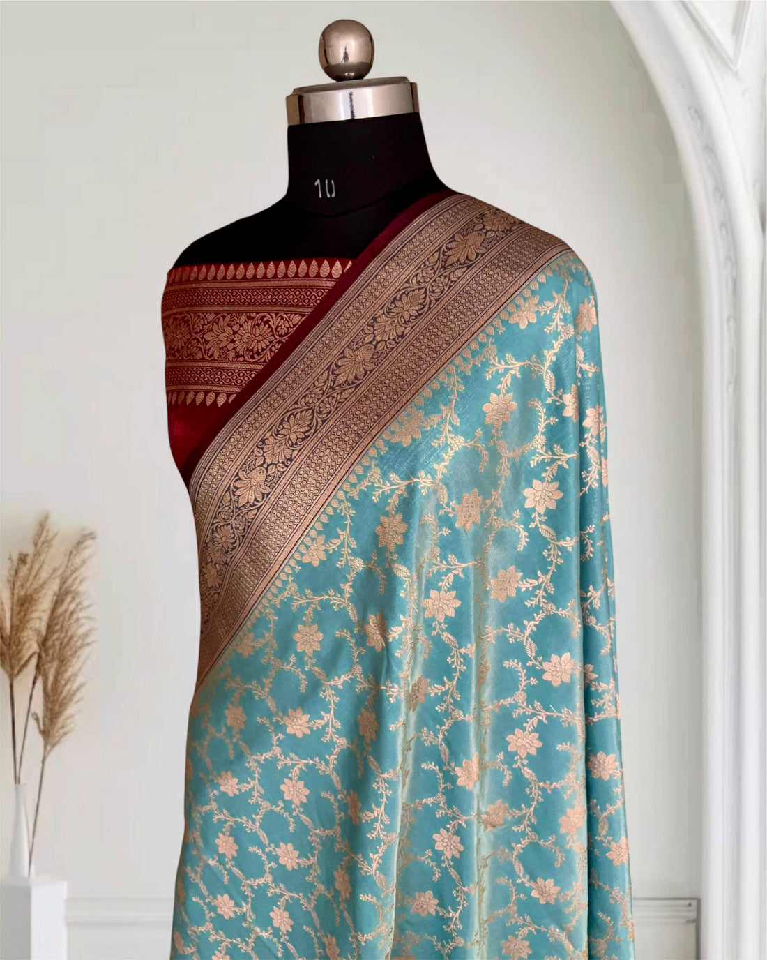 Light Firozi & Maroon Satin Silk Banarasi Saree Jaal Pttern