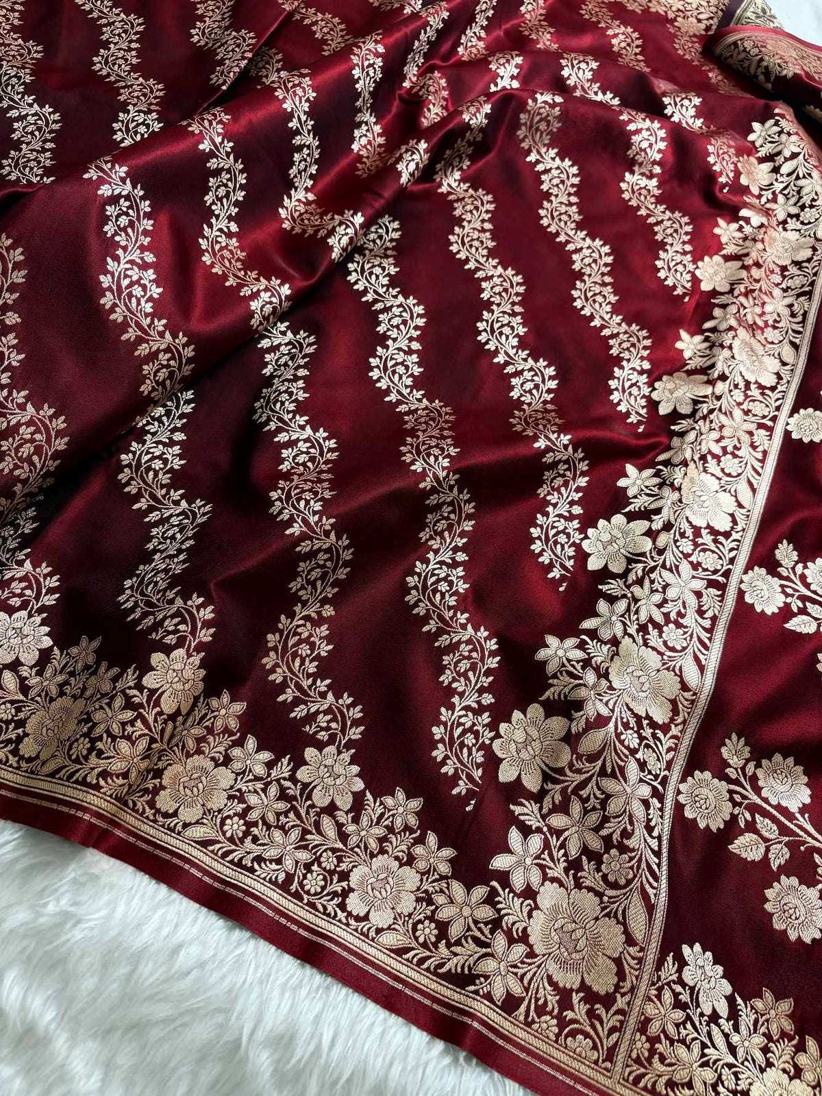 Laheriya Jaal Satin Silk Banarasi Saree Dark Maroon Shades