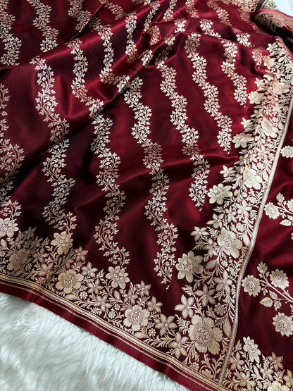 Laheriya Jaal Satin Silk Banarasi Saree Dark Maroon Shades