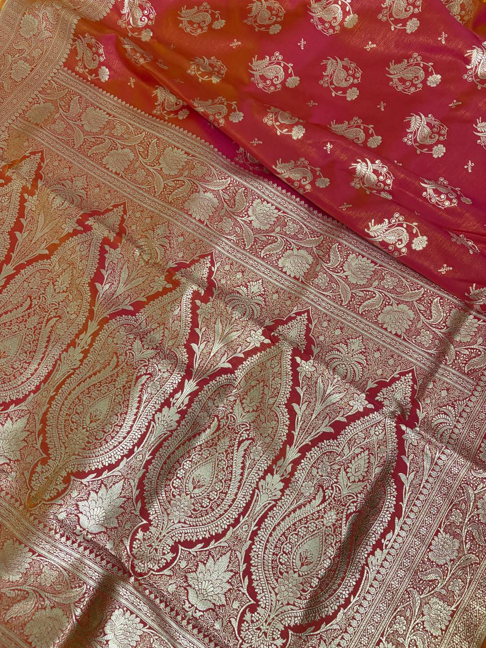 MorPankhi Orange Shaded Satin Silk Banarasi Saree