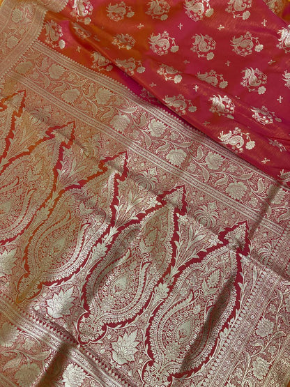MorPankhi Orange Shaded Satin Silk Banarasi Saree