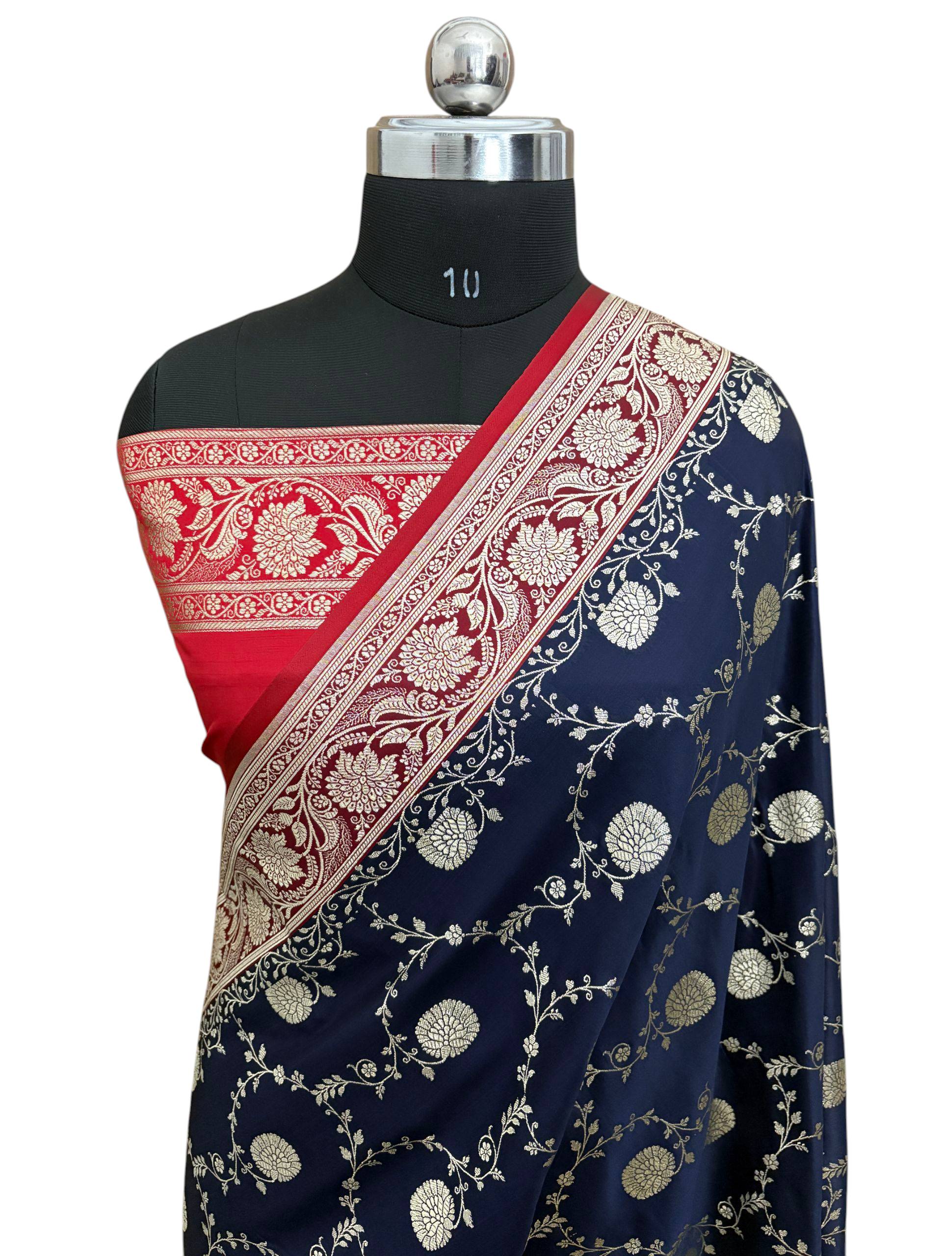 Blue with Red Pallu &amp; Border Kataan Silk Banarasi Saree