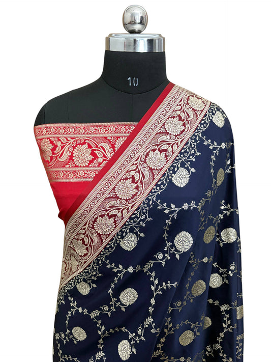 Blue with Red Pallu &amp; Border Kataan Silk Banarasi Saree