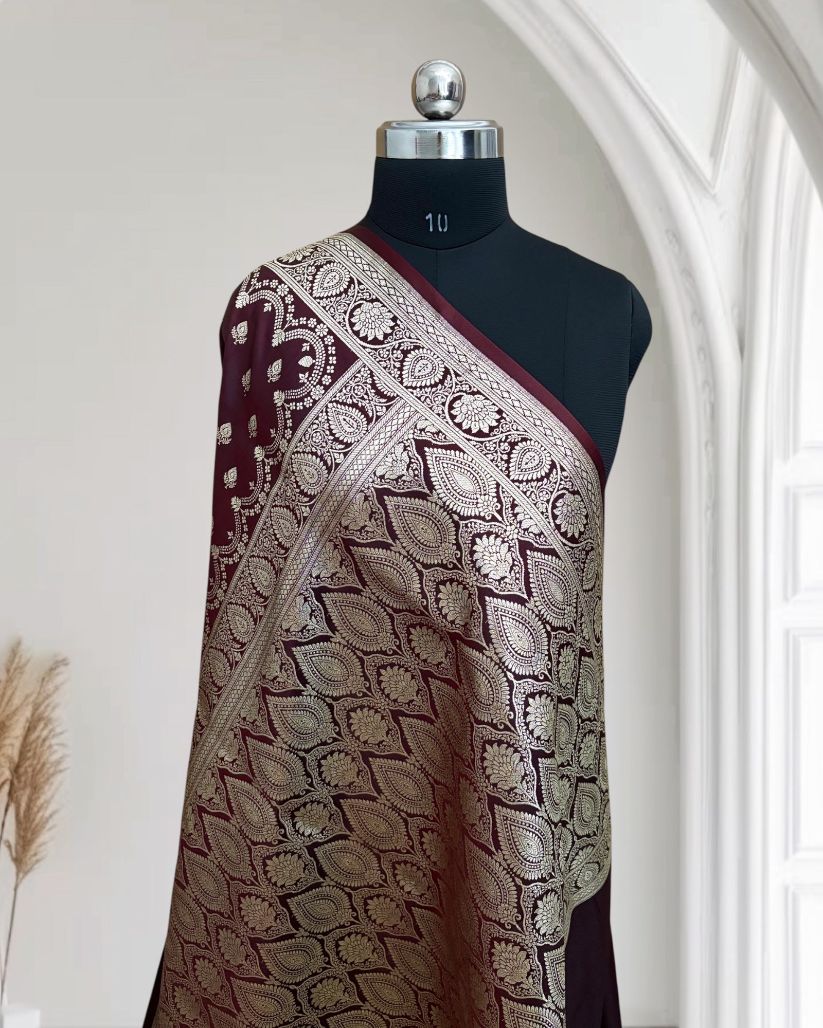 Dark Maroon Satin Silk Banarasi Saree