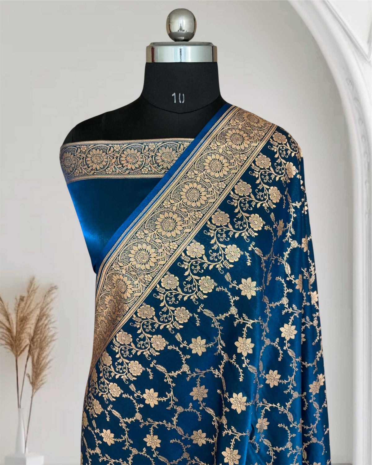 Teal Blue Satin Silk Banarasi Saree Floral Swarna Latika Jaal