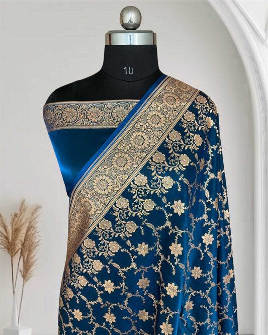 Teal Blue Satin Silk Banarasi Saree Floral Swarna Latika Jaal