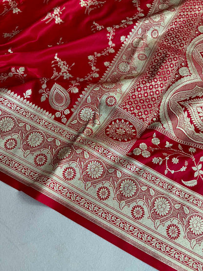 Red Soft Kataan Silk Banarasi Saree Light Gold Work
