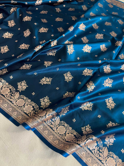 Teal Blue Satin Silk Saree Banarasi Motif