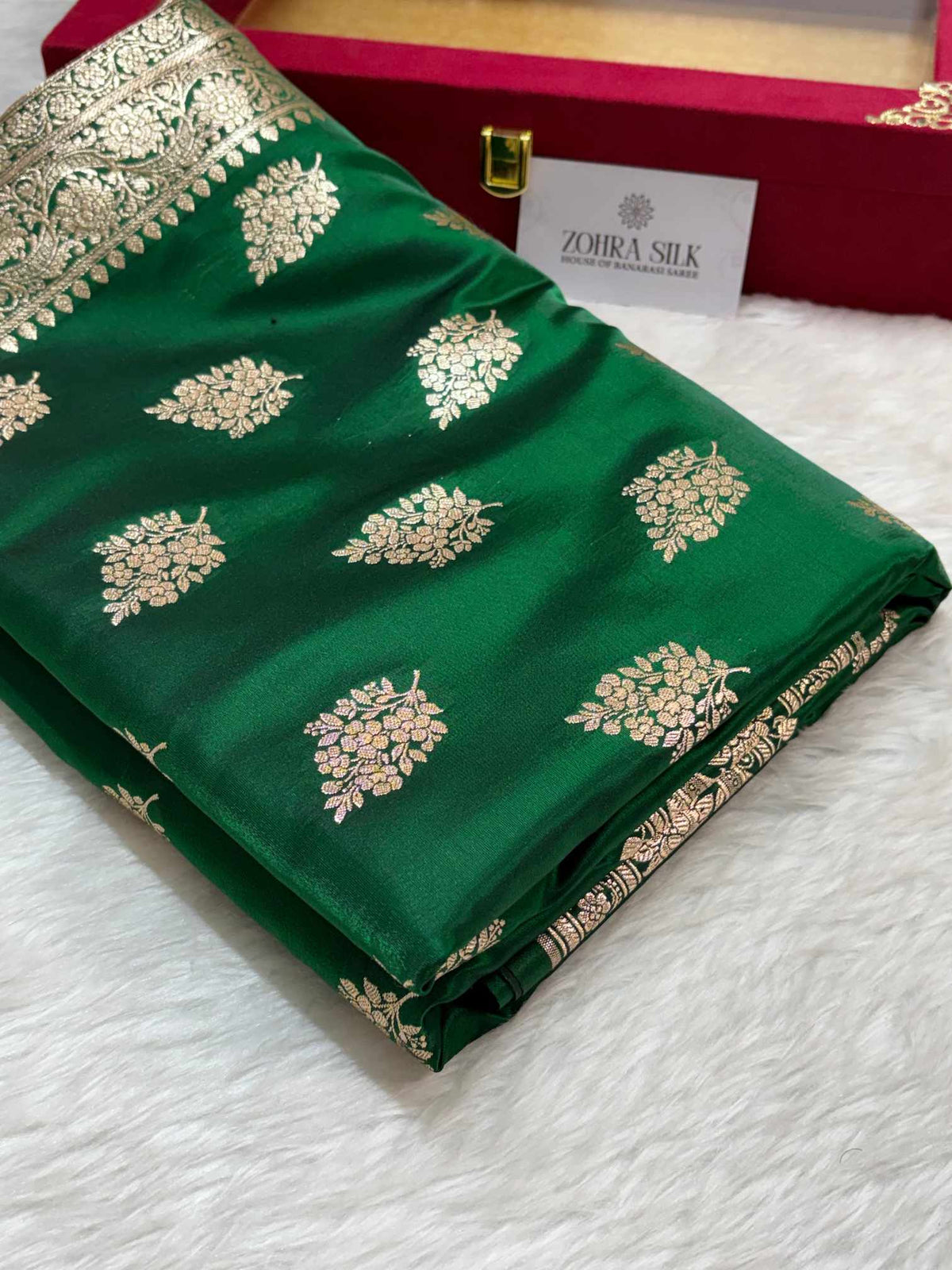 Dark Green Shaded New Motif Satin Silk Banarasi Saree
