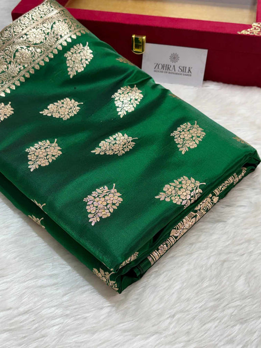 Dark Green Shaded New Motif Satin Silk Banarasi Saree
