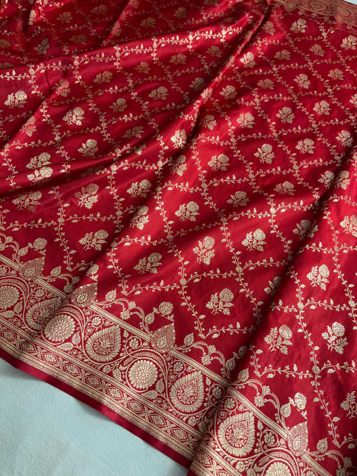 Red Bel Jaal Satin Silk Banarasi Saree