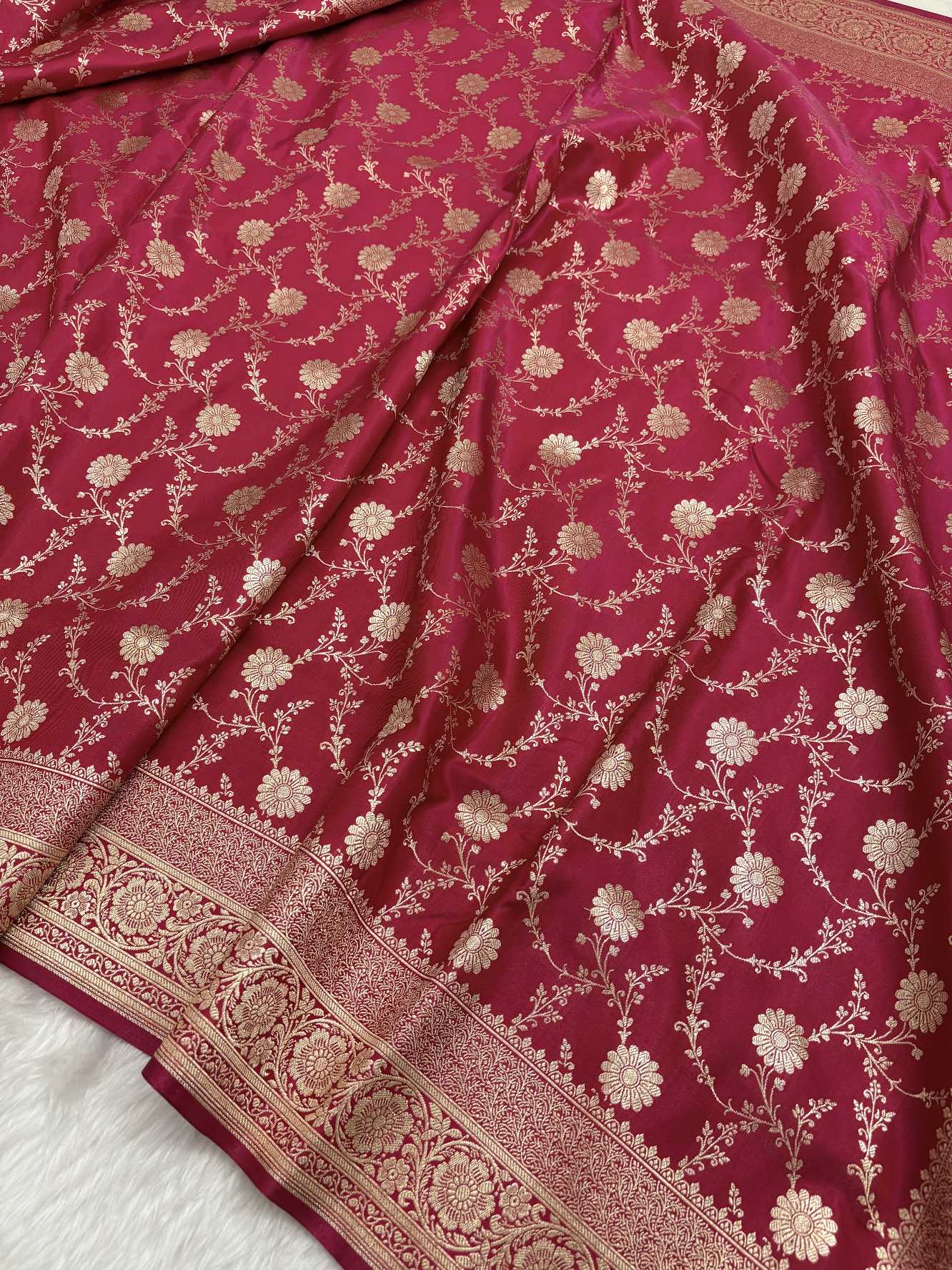 Rani Pink Satin Silk Banarasi Saree with Golden Zari Floral Bel Jaal