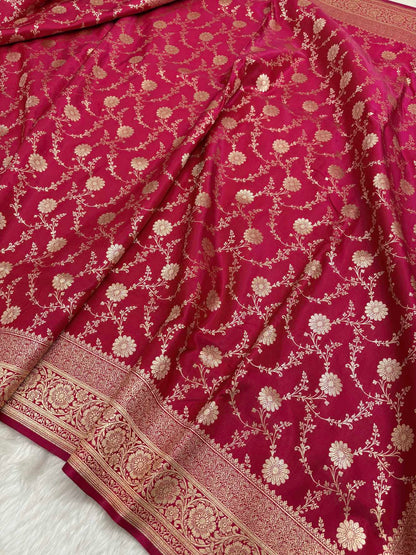 Rani Pink Satin Silk Banarasi Saree with Golden Zari Floral Bel Jaal