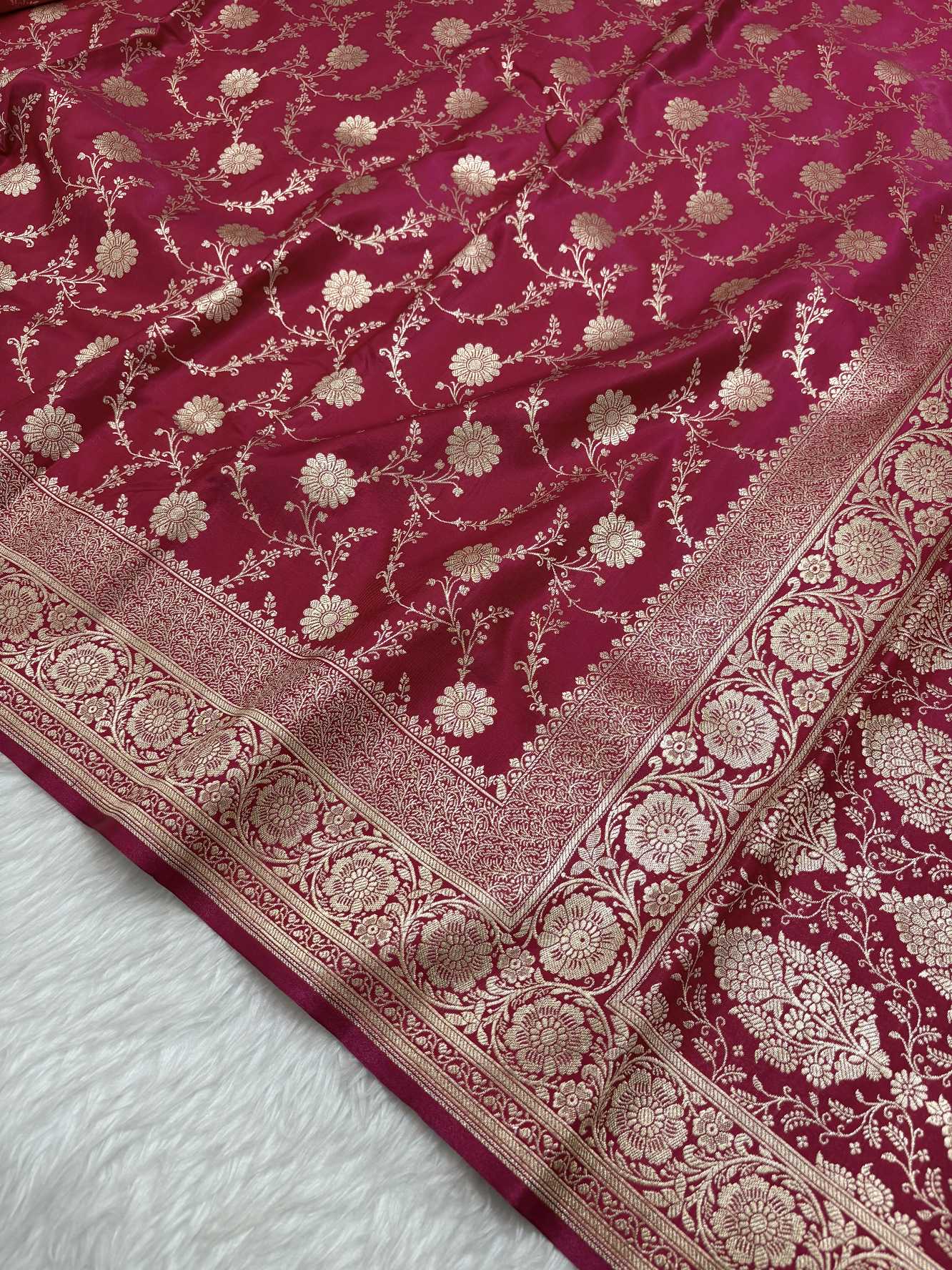 Rani Pink Satin Silk Banarasi Saree with Golden Zari Floral Bel Jaal