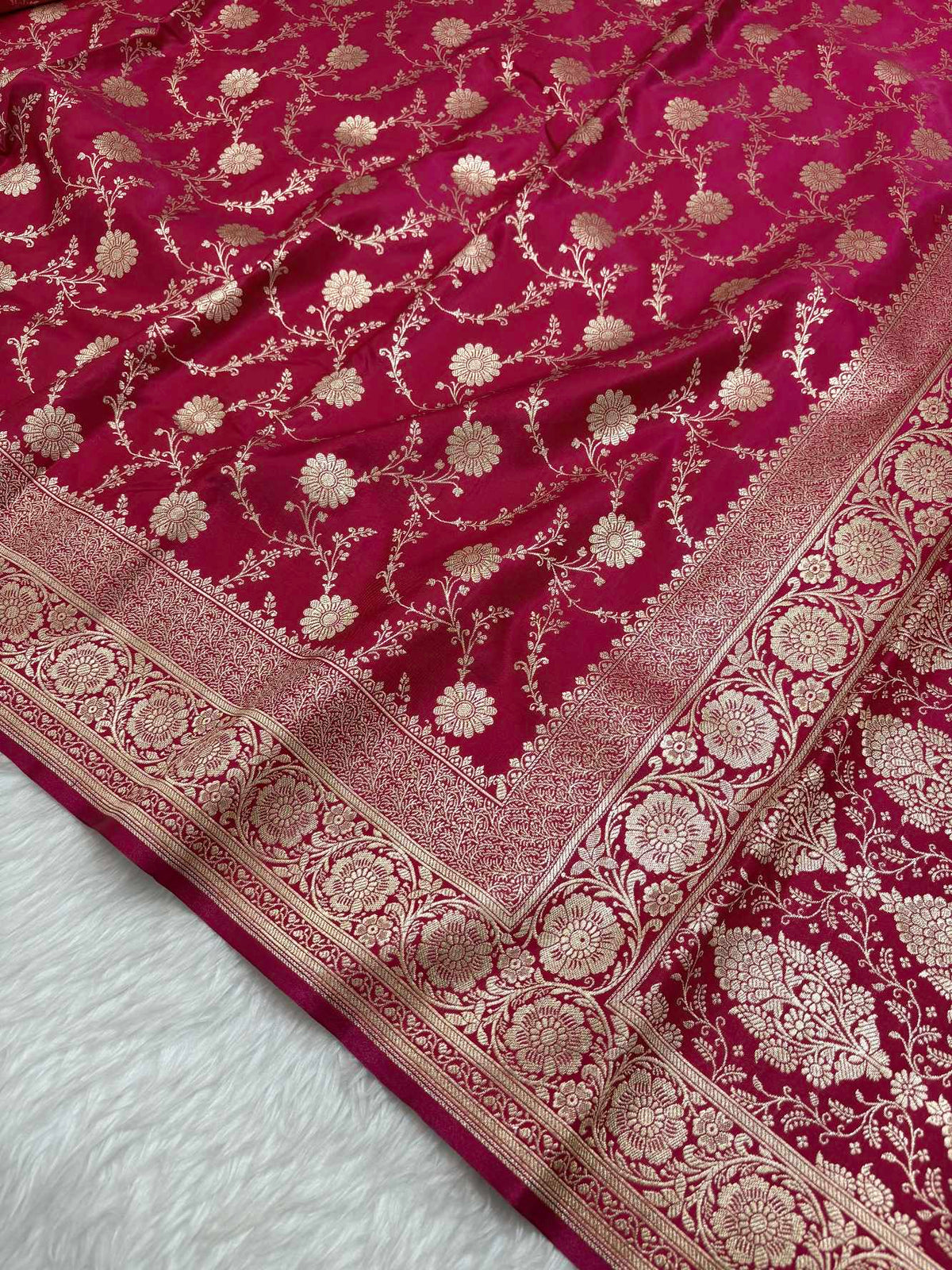 Rani Pink Satin Silk Banarasi Saree with Golden Zari Floral Bel Jaal