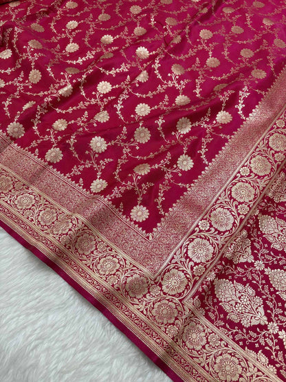 Rani Pink Satin Silk Banarasi Saree with Golden Zari Floral Bel Jaal