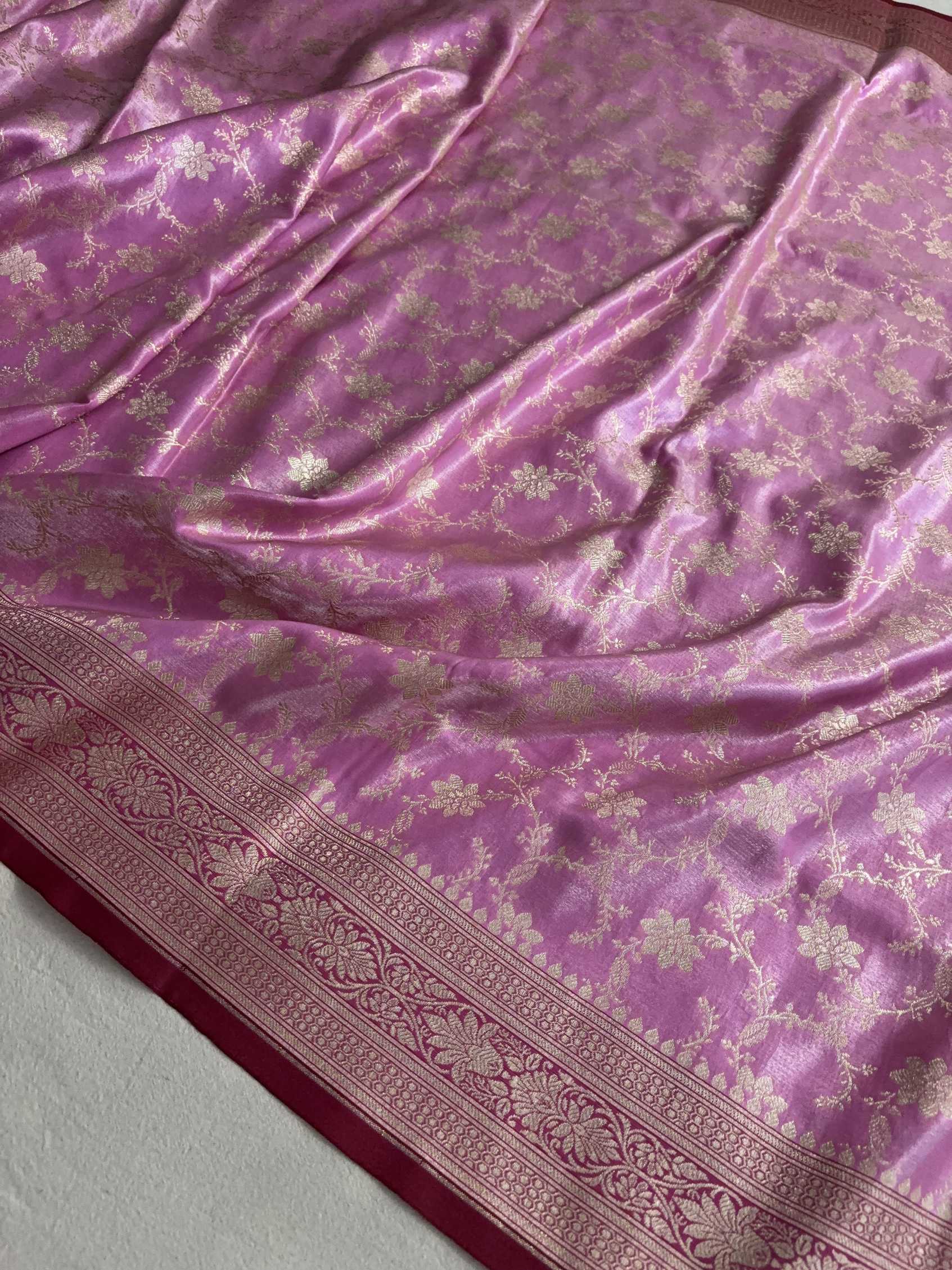 Rani & Maroon Satin Silk Banarasi Saree Jaal Pttern