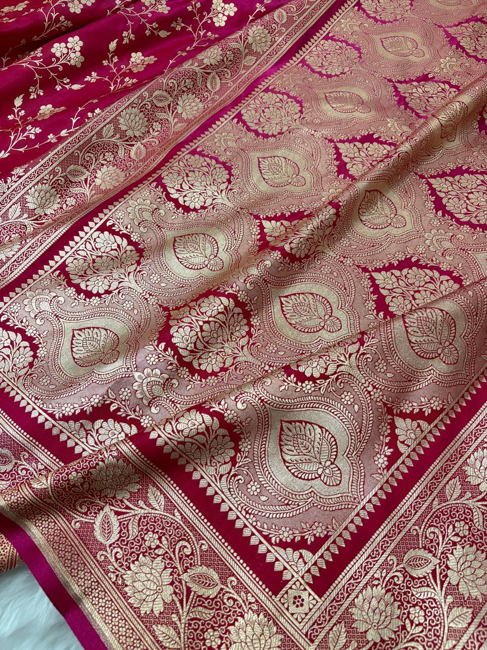 Rani Pink Satin Silk Banarasi Saree with Jaal Pattern