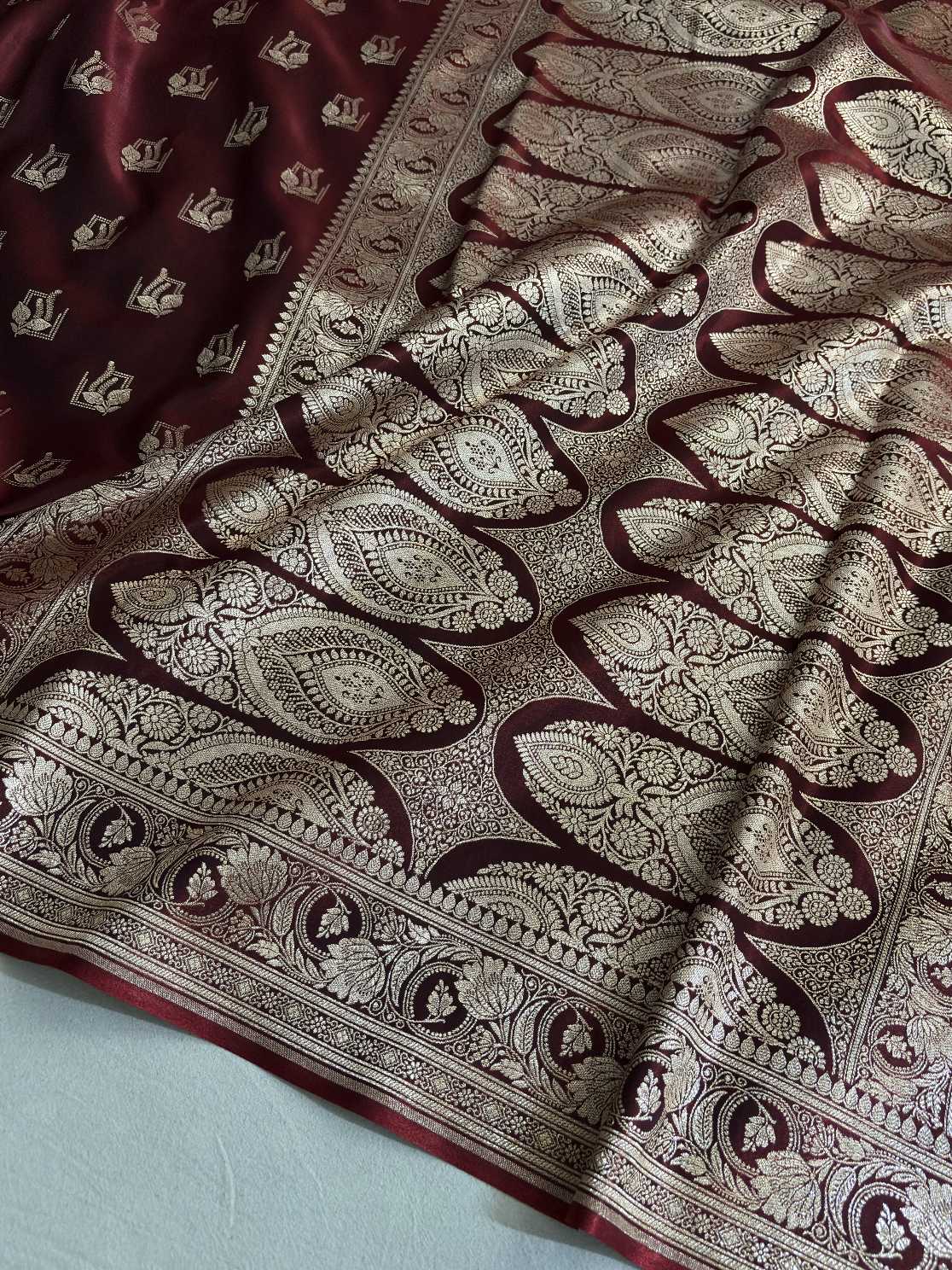 Dark Maroon Satin Silk Saree Banarasi Motif