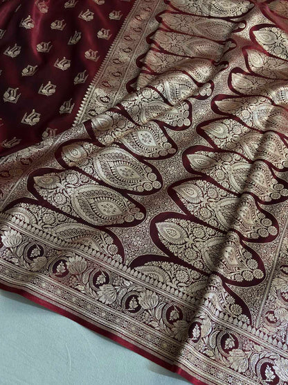 Dark Maroon Satin Silk Saree Banarasi Motif