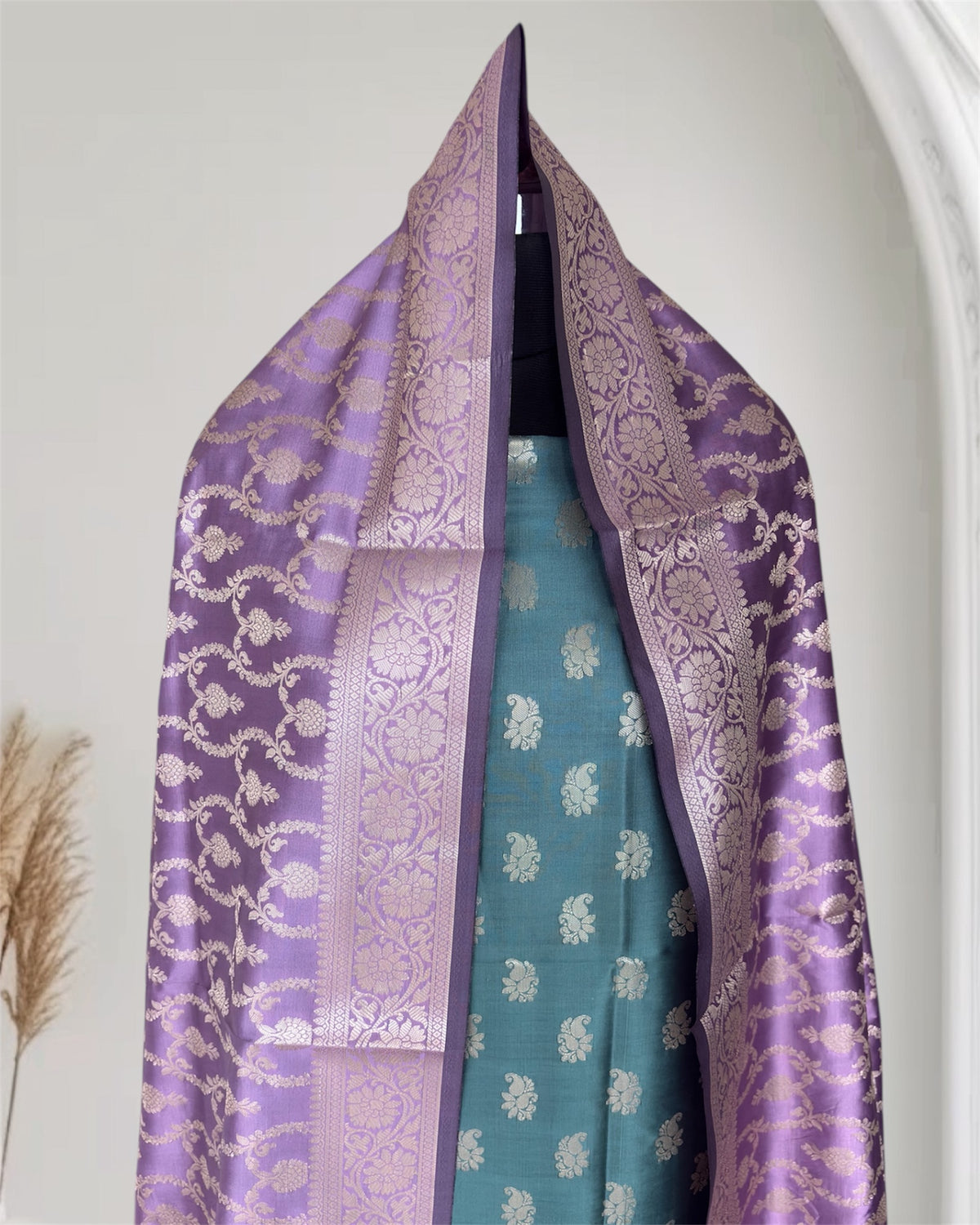 Lovender and Safaya Green Satin Silk Banarasi Suit