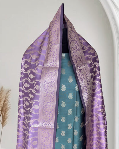 Lovender and Safaya Green Satin Silk Banarasi Suit