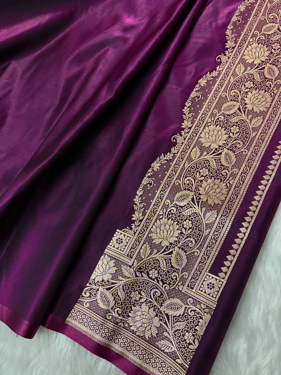 Wine Satin Silk Banarasi Saree with Jaal Pattern