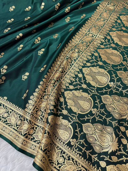 Dark Jungle Green Satin Silk Banarasi Saree