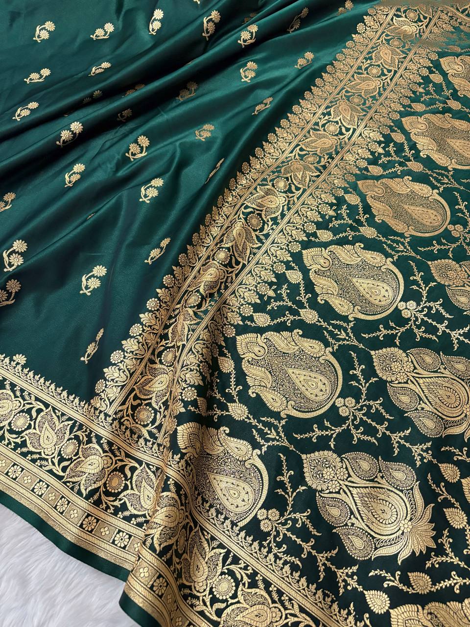 Dark Jungle Green Satin Silk Banarasi Saree